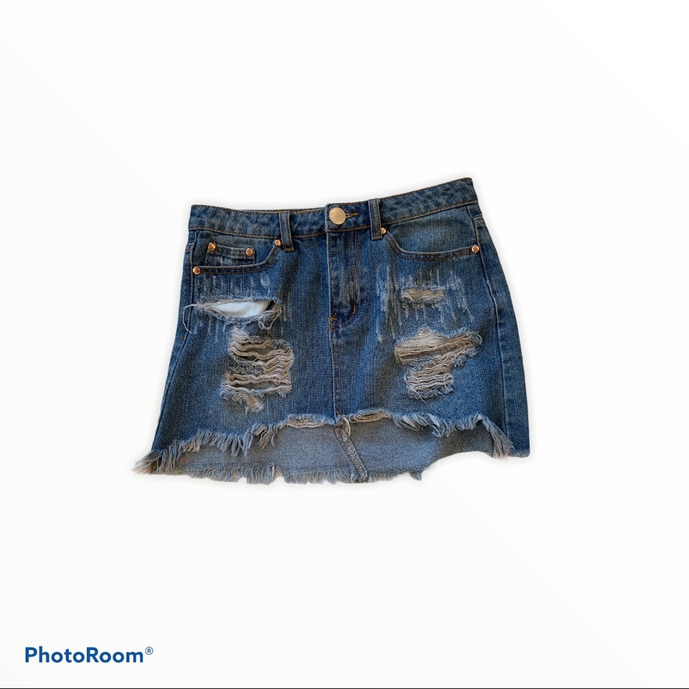 Signature Eight Distressed Denim Mini Skirt Sz S